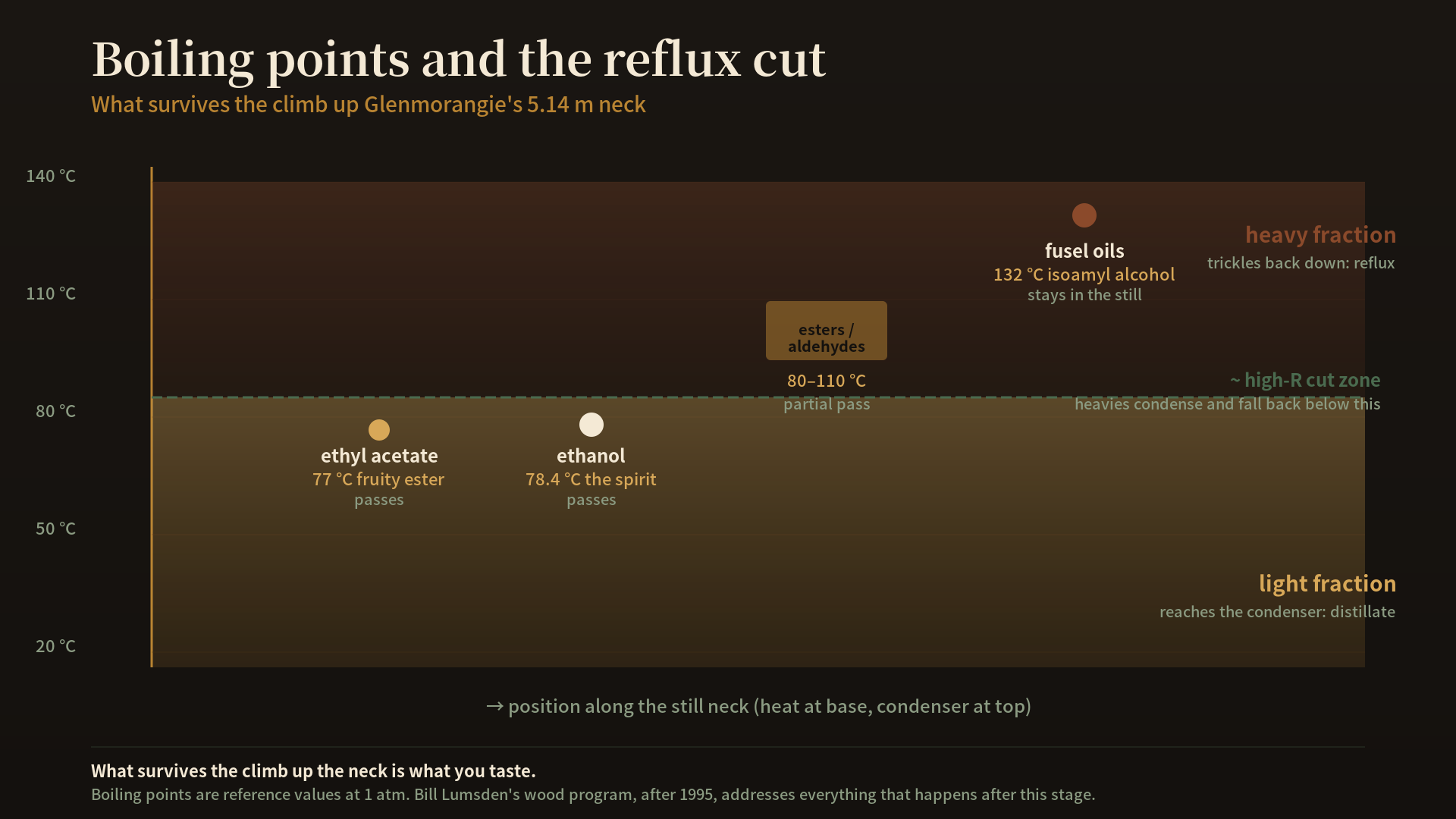 A simple boiling-point chart showing ethyl acetate (77°C), ethanol (78.4°C), higher esters and aldehydes (80–110°C band), and fusel oils (132°C+). A horizontal cut line indicates roughly where Glenmorangie's high reflux ratio leaves the heavy fraction behind in the neck. The chart is annotated with a single sentence: "What survives the climb up the neck is what you taste."