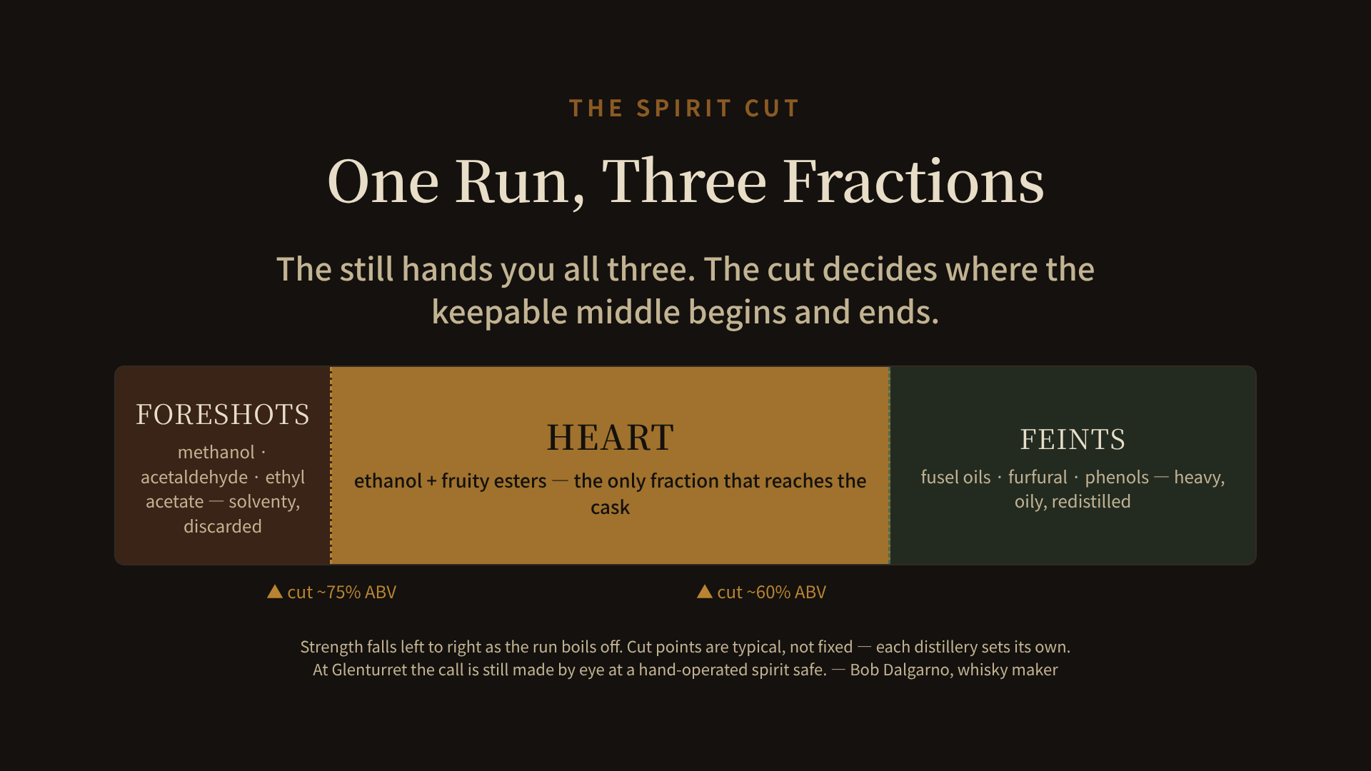 A horizontal three-band diagram on a cask-black background showing a single spirit run divided left to right into three fractions. Band one, in faded sherry-brown, is labelled FORESHOTS / HEADS with the note "methanol, acetaldehyde, ethyl acetate — solventy, discarded". Band two, the widest and highlighted in amber, is labelled HEART / MIDDLE CUT with the note "ethanol + fruity esters — the only fraction that goes to cask". Band three, in faded forest-green, is labelled FEINTS / TAILS with the note "fusel oils, furfural, phenols — heavy, oily, redistilled". Two vertical dashed lines mark the cut points between the bands, each tagged with a falling %ABV value. A caption reads: "One run, three fractions. The cut is the decision of where the amber band begins and ends. Judged by eye at Glenturret's spirit safe."