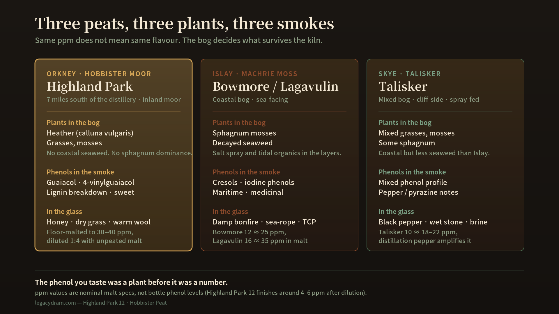 A simplified peat-source map showing three Scottish whisky regions: Orkney (heather-rich peat from Hobbister Moor, inland), Islay (sphagnum and seaweed peat from coastal bogs), and Skye (mixed peat with marine influence). The Hobbister panel is highlighted in amber to indicate the focus of this article. A short caption notes that "same ppm" does not mean "same flavour."