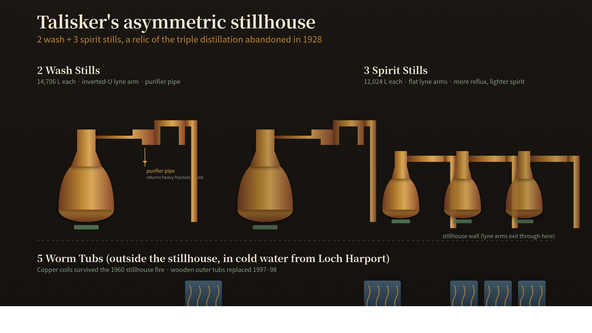 A schematic of Talisker's stillhouse: two wash stills on the left, three spirit stills on the right, the wash-still lyne arms drawn with their distinctive inverted-U bend and the purifier pipe returning condensate to the pot, all five stills feeding out through worm tubs into the cold water of Loch Harport. An annotation reads: "2:3 ratio, a relic of triple distillation abandoned in 1928."